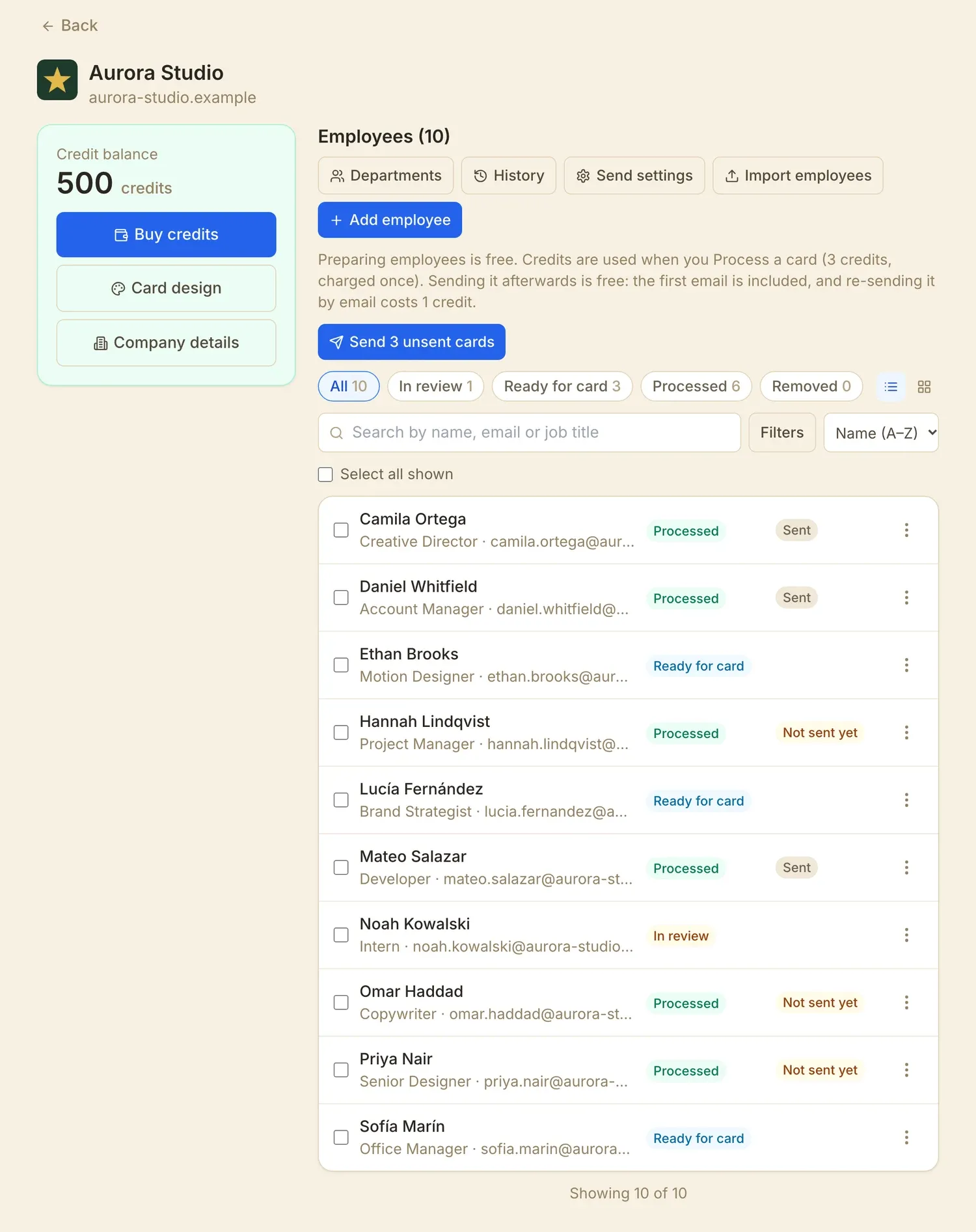 MyCard Business screen showing a list of ten employees and a balance of 500 credits